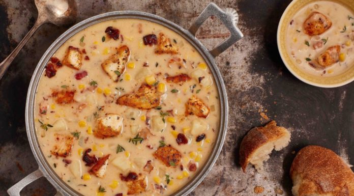 Blackened Tilapia chowder with bacon and corn