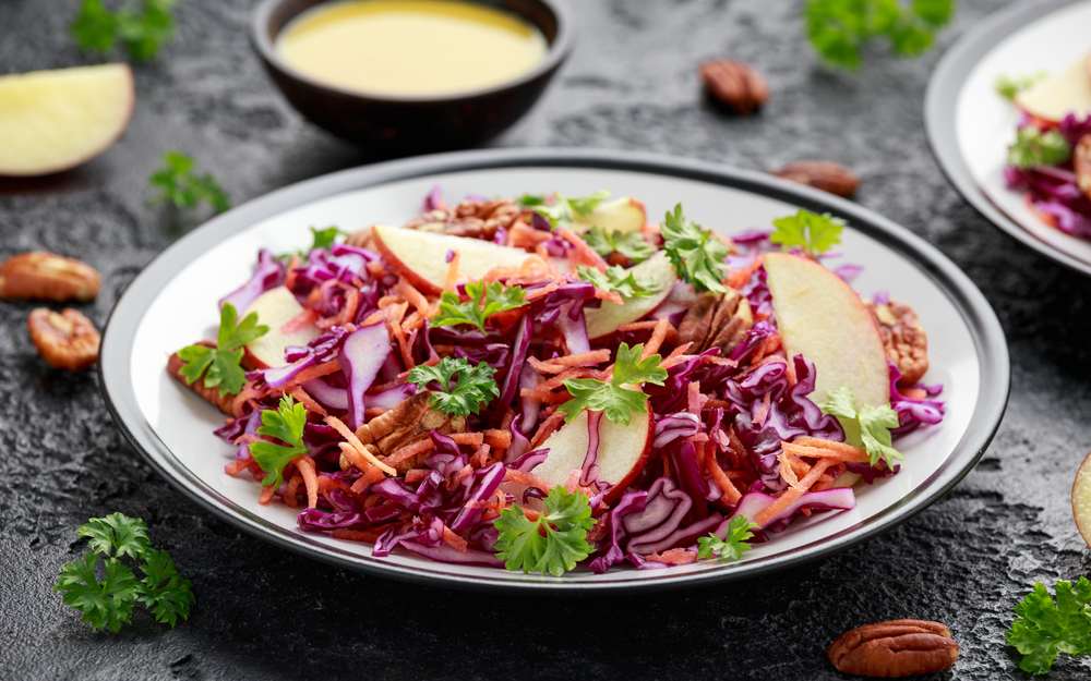 Red Cabbage salad with carrots, apples and pecan nuts