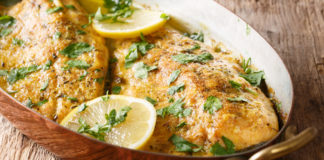 Baked fish with garlic and lemon butter sauce